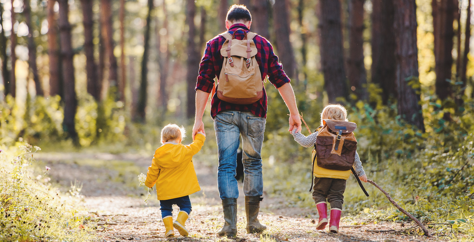 Dad walking with his two children in the forest