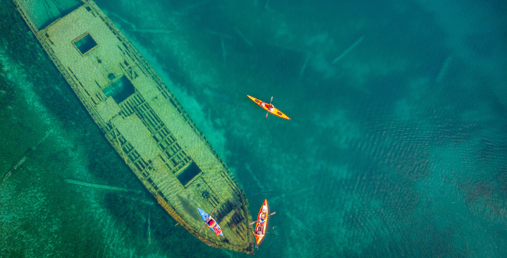 Aerial view of a shipwreck in Tobermory