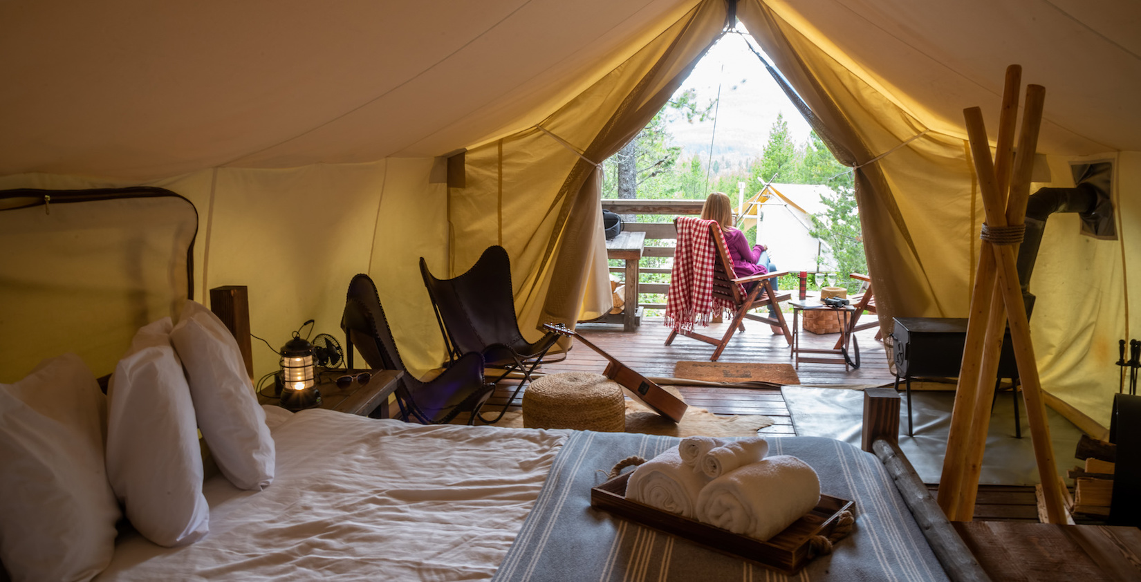 Inside of glamping tent