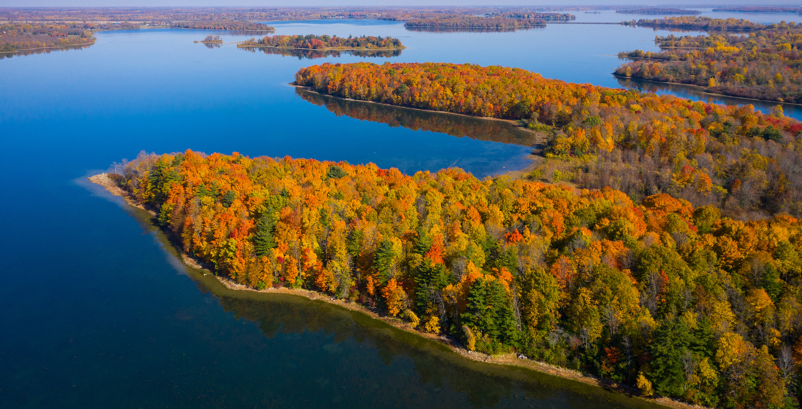 Aerial view of the Thousand Islands National Parks in fall